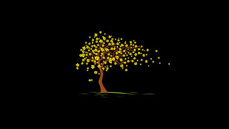 Blumen,-Baumwachstum-Und-Blattfliegen,-Symbolschleife,-Animationsvideo,-Transparenter-Hintergrund-Mit-Alphakanal.